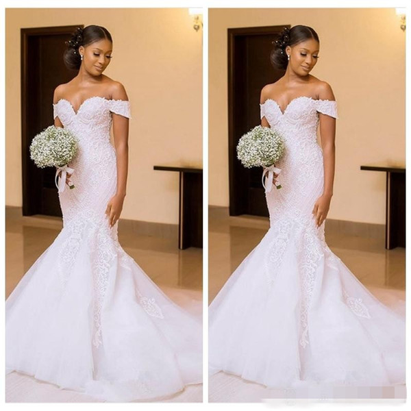 African Black Women Mermaid Wedding Dresses Bridal Gowns Off Shoulder Lace Appliques Slim Beautiful Ladies Vestidos De Mariee