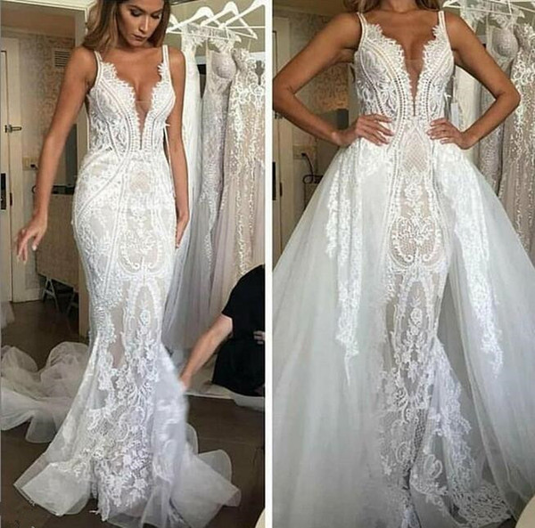 Milla Nova spaghetti Mermaid Wedding Dresses deep V-Neck Lace Appliques with detachable overskirts Illusion Bodices Bridal Gowns Weddi