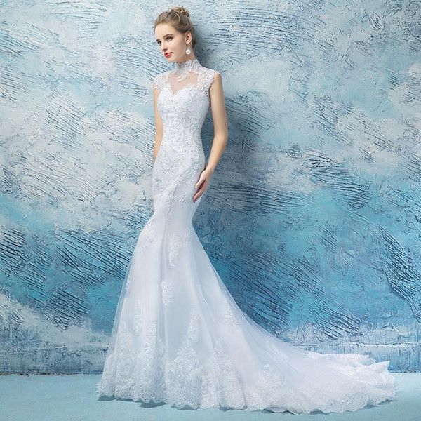 Dubai Arabic vintage lace trumpet Wedding Dresses Sexy High collar Illusion cape Sleeves Mermaid court Bridal Gowns with buttons real photo