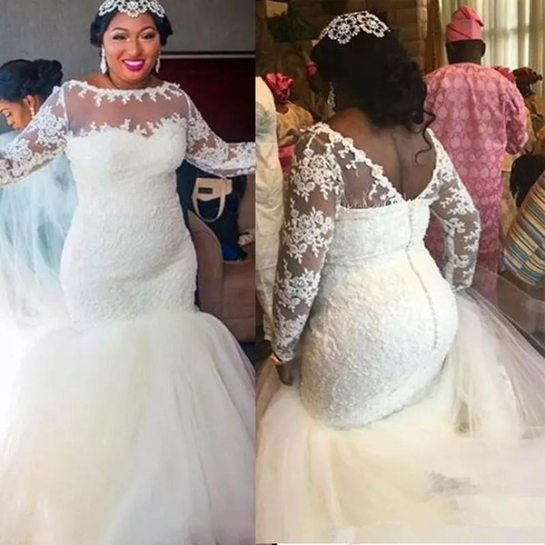 African Modest Lace Mermaid Wedding Dresses Sheer Neck Nigerian Lace long sleeves Backless Wedding Gowns Church Bridal Dresses Gowns