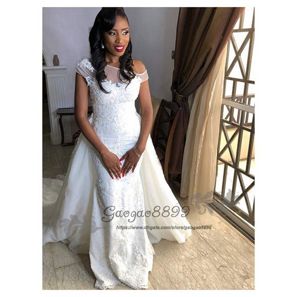 Nigerian African Mermaid Wedding Dresses with detachable train vintage Lace overskirt off the shoulder bridal Wedding Gown plus size