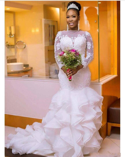 South Arabic Nigerian Style Lace Mermaid Wedding Dresses Bridal Gowns Beaded Ruffled Organza Long Sleeves Tiered Sweep Train