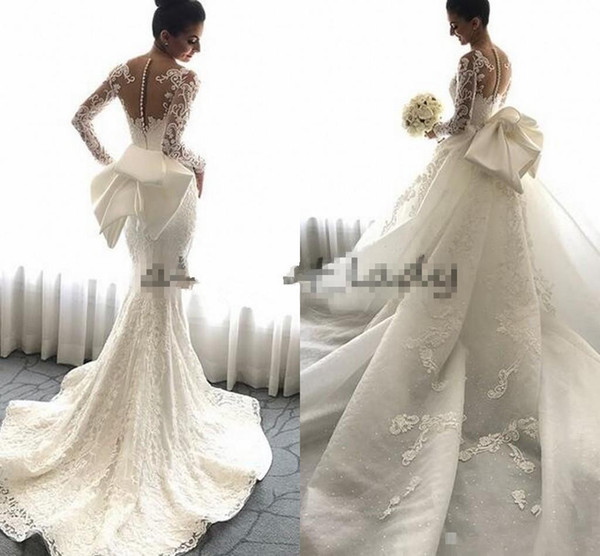 Steven Khalil Mermaid Wedding Dresses with Detachable Train Big Bow Lace Floral Long Sleeve Church Train Garden Wedding Gowns