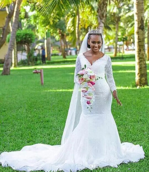 Nigerian Lace mermaid wedding dresses African Black Girl trumpet bridal Dresses sexy V Neck Long Sleeves wedding gowns Vestidos de novia
