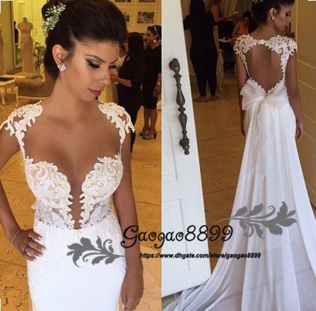 sexy Mermaid Wedding Dresses with chiffon train cap Sleeves boho Bridal Gown bow sash beach Pageant Formal Wedding Dress Robe de mariee