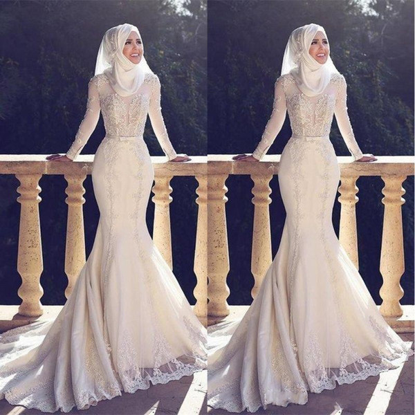 Sexy Muslim Pakistan Middle East Wedding Dresses Long Sleeve Bridal Gowns High Neck White Applique Lace Wedding Gowns