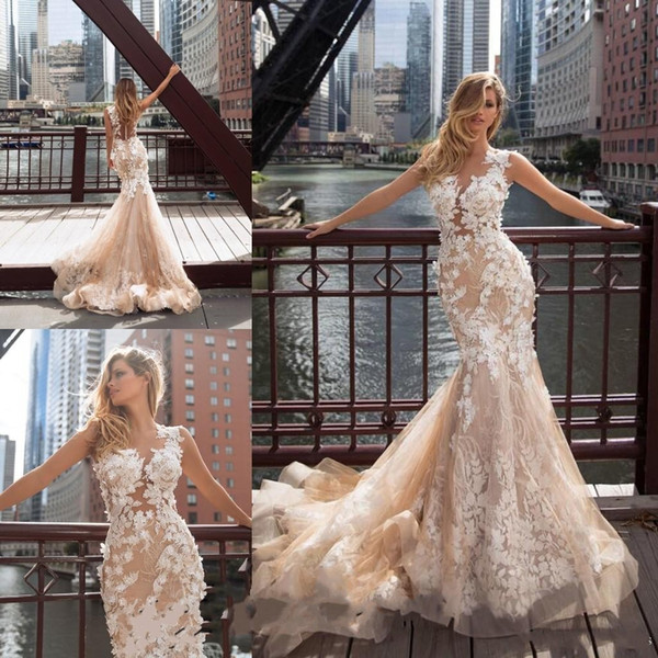 Milla Nova Bohemian Mermaid Wedding Dresses Lace Sheath 3D Flowers Champagne Holiday Country Boho Bridal Wedding Gown Cheap