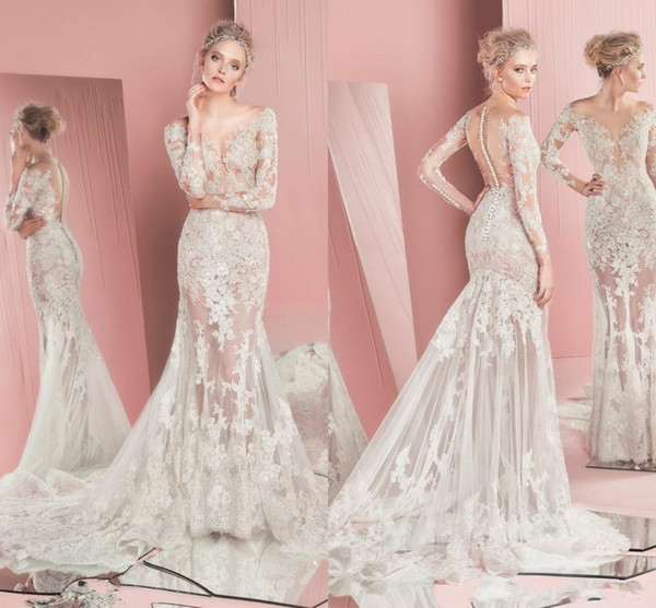 Spring Zuhair Murad Cheap Wedding Dresses Bridal Gowns Long Sleeves Jewel Lace Wedding Gowns See Through Custom Made