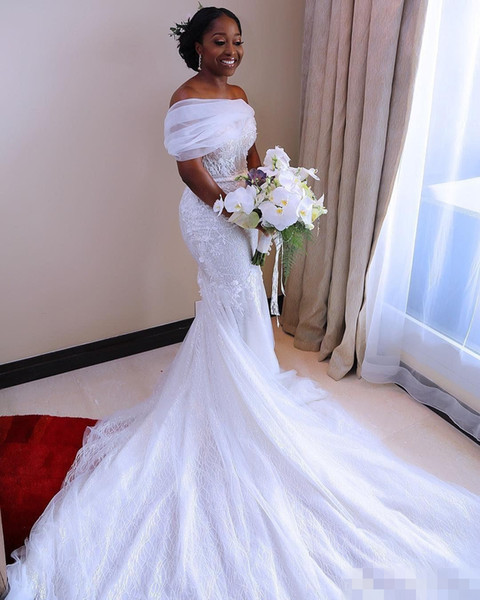 Luxury Nigerian Style Lace Wedding Dresses African Off Shoulders Mermaid Lace Appliqued Bridal Gowns Arabic Wedding Gowns