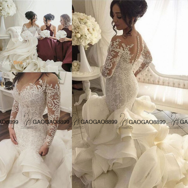Steven Khalil Luxury Ruffles Cathedral Train Mermaid Wedding Dresses with Long Sleeves Middle East Plus Size Lace Organza Wedding Gown