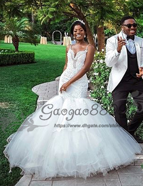 Nigerian African Mermaid Wedding Dresses vintage Lace puffy soft tulle floor length crystals beaded bridal Wedding Gown plus size