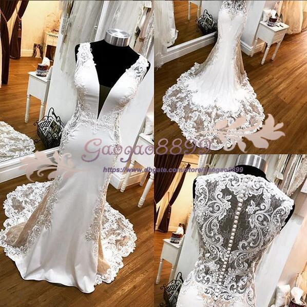 Bohemian glamorous white mermaid lace see through wedding dresses with appliques boho sweep train sexy deep v neck formal bridal gowns