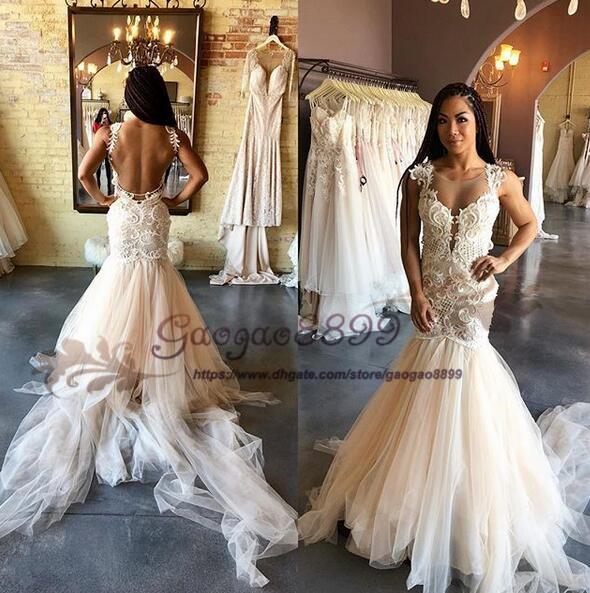 Sexy Mermaid Wedding Dresses full lace applique spaghetti African Nigerian Bridal gowns Sweep Train Sheer Jewel Neck Vestido De Novia