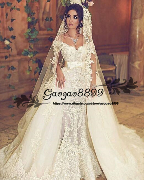 Lace Vestido De Novia Mermaid Wedding Dresses off shoulder with Detachable Train beaded Pearls Vintage Robe de mariage custom made