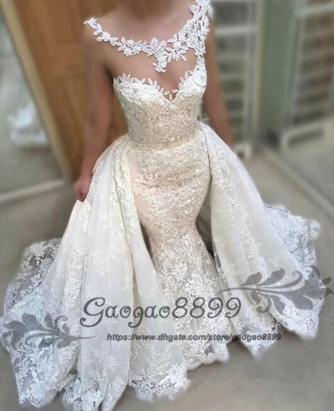 Elegant Mermaid Wedding Dresses with Detachable Overskirt robe de Lace Appliqued Bridal Gowns Sheer Neck Vintage Country Wedding Dress