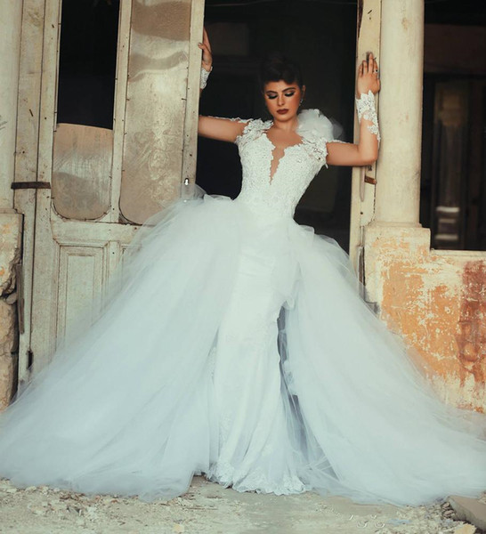Arabic Mermaid Wedding Dresses with detachable train vintage Lace overskirt trumpet Wedding Gown long sleeves Bridal Dresses