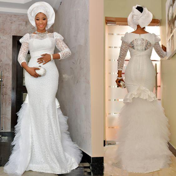 Vintage Nigerian lace african mermaid wedding dresses 3/4 long sleeves puffy ruffles soft tulle floor length wedding bridal gowns