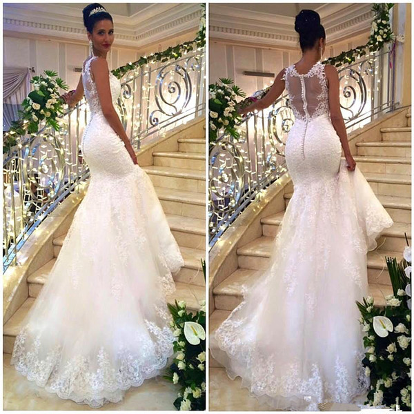 Sexy Vintage Lace Mermaid Arabic Wedding Dresses Illusion Back Plus Size Court Train Dubai Beach Country Cheap jewel Bridal Gowns