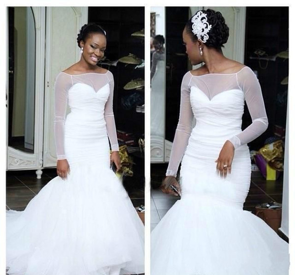 African Black Women Simple Mermaid Wedding Dress Long Sleeve Cheap Church Garden Western Formal Bridal Gown Plus Size Custom Made