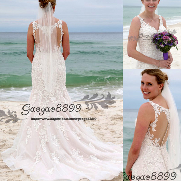 Special offer Lace Mermaid beach Wedding Dresses modest sheer back covered Buttons v neck cape sleeve backless bridal Wedding Gowns