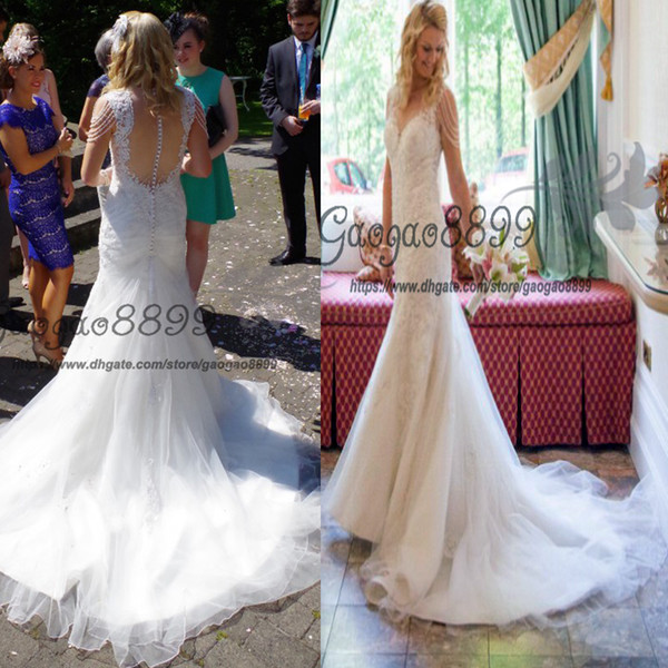 New Design Lace Mermaid Wedding Dresses With Court Train crystals cape sleeves jewel Button Transparent Back Wedding Gowns Custom Made