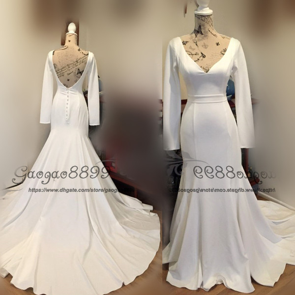 Modest Megan Markle style Princess satin mermaid wedding dresses long sleeves V neck backless trumpet bridal wedding gowns cover button