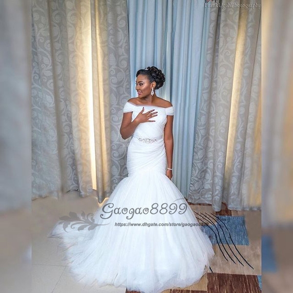 Nigerian African Mermaid Wedding Dresses off shoulder puffy soft tulle floor length lace up corset bridal Wedding Gown plus size