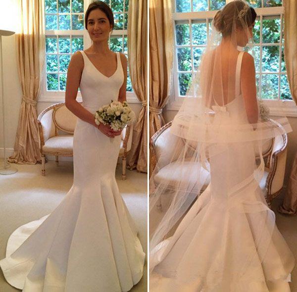 Simple Backless Mermaid Wedding Dresses New Spaghetti Straps Bow V Neck Sleeveless Floor Length Bridal Gowns Wedding Dress Custom Made
