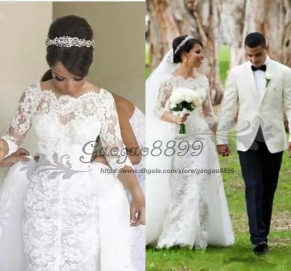 vintage Nigerian lace Mermaid Wedding Dresses with detachable train chic Half long Sleeve overskirt arabic Plus Size Country Bridal Gown