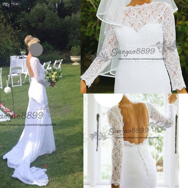 Sexy Lace beach Wedding Dresses Country Style Count Train bateau Neck Backless boho Cheap long sleeves Mermaid Bridal Gowns Simple Wear