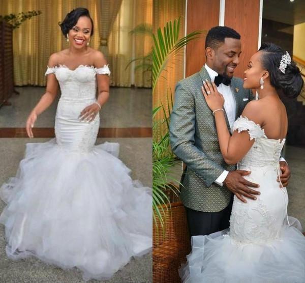 South African Black Girl Mermaid Lace Wedding Dresses Bridal Gowns Off the Shoulder Lace Up Back Sweep Train Ruffles Appliques