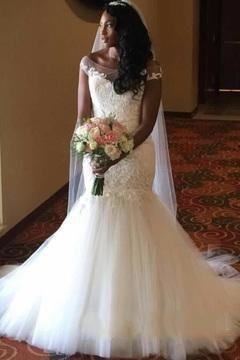 african black girl plus size mermaid wedding dresses bridal gowns vintage Lace short sleeves long train wedding gowns