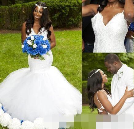 African Black Girl Full Lace Mermaid Wedding Dresses Bridal Gowns V-Neck Spaghetti Straps Sleeveless White Tulle Long Sweep Train
