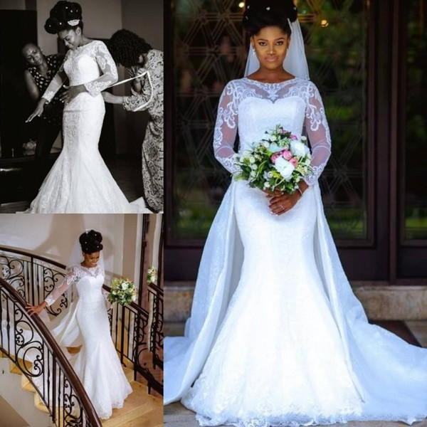 New Arrival Vintage South African Arabic Sheer Long Sleeves Lace Mermaid Wedding Dresses with Detachable Skirt Bridal Gowns