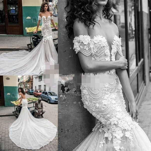 Julie Vino Mermaid Wedding Dresses Bridal Gowns with 3D Floral Appliqueds Lace Sheer Off the Shoulder Backless