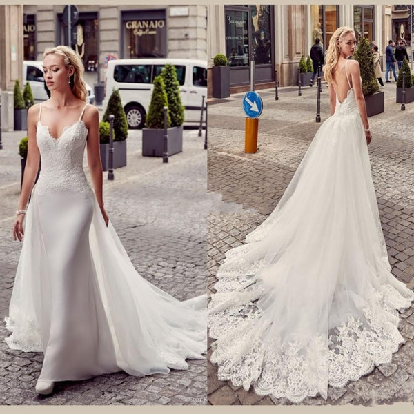 Sexy Mermaid Wedding Dresses Spaghetti Strap Sexy Backless Full Lace Wedding Dress Dismountable Train White Bridal Dress