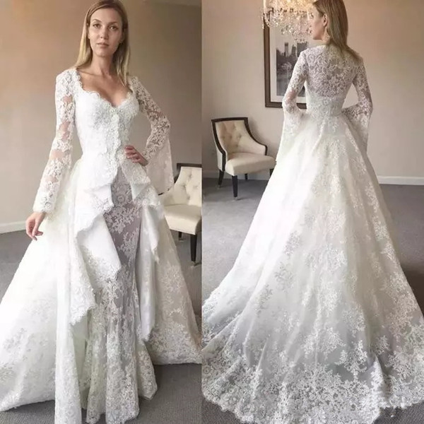 Vintage lace mermaid wedding dresses long sleeves two pieces trumpet detachable cape train sweetheart bridal wedding gowns