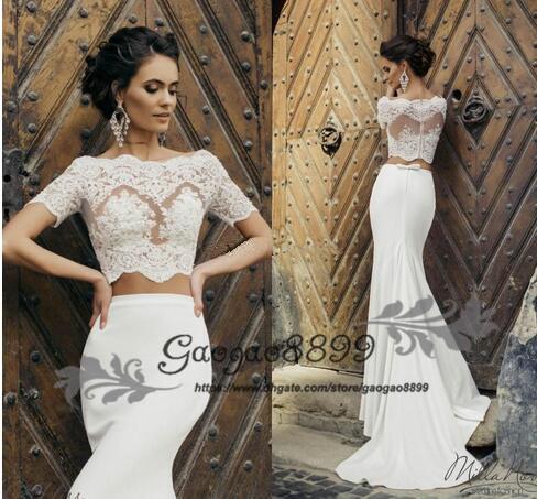Chic Crop Top Mermaid Wedding Dresses Illusion Bodice Short Sleeves Two Piece Wedding Dresses off shoulder Satin Vintage beach Bridal gowns