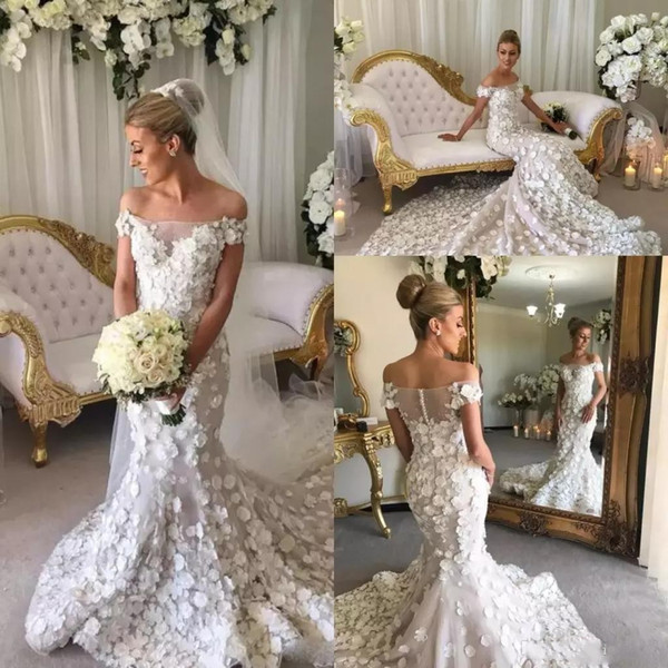 Luxury Mermaid Wedding Dresses Bridal Gowns Off Shoulder Button Back Handmade Flowers Chapel Train Wedding Guest Dress High Quality