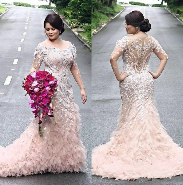 Luxury Plus Size Mermaid Wedding Dresses Jewel Long Sleeve Hollow Back Lace Applique Sweep Train Bridal Gown with Bead DTJ