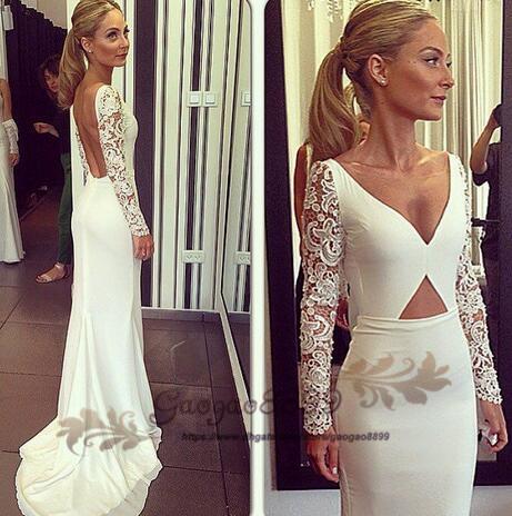 Bohemian glamorous sexy v neck white mermaid wedding dresses backless boho sweep train long sleeve custom made formal bridal gowns