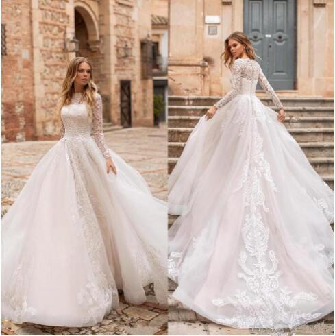 Milla Nova Elegant Long Sleeves A Line Wedding Dresses Tulle Lace Applique court Train Formal Bridal Gowns Cheap vestidos de novia plus