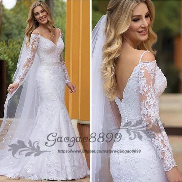 new modest long Sleeve Lace off shoulder Mermaid Wedding Dresses Appliques Beaded Bride Dresses covered button with veil Wedding Gowns