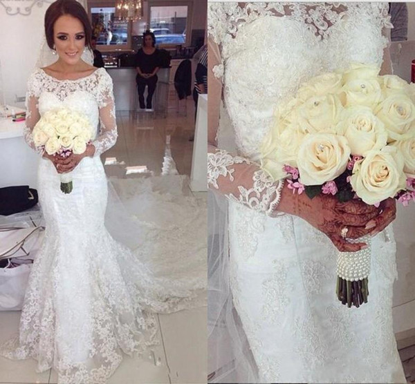 Mermaid Wedding Dresses Elegant Jewel Full Lace Appliques Long Sleeves Court Train Plus Size Formal Bridal Gowns