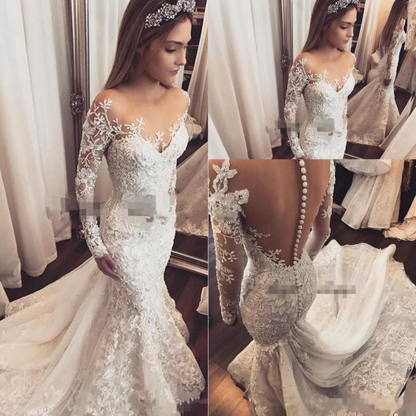 Mermaid Wedding Dresses Illusion Neck Long Sleeves Lace Applique Beads Flowers Sheer Back With Button Formal Bridal Gowns