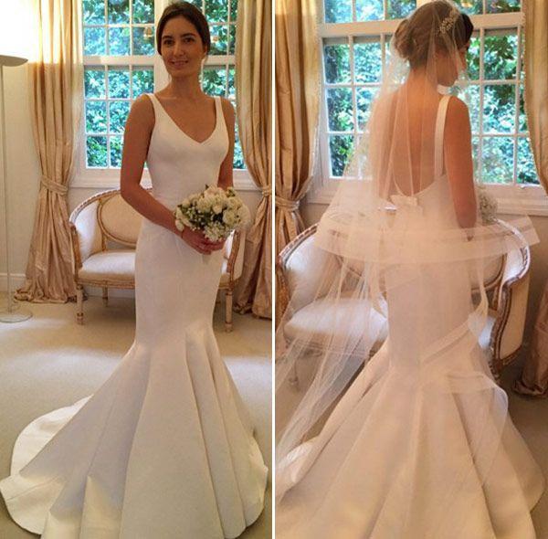 New Simple Cheap Arabic Mermaid Wedding Dresses V Neck Satin Backless Bow Long Sweep Train Plus Size Formal Bridal Gowns