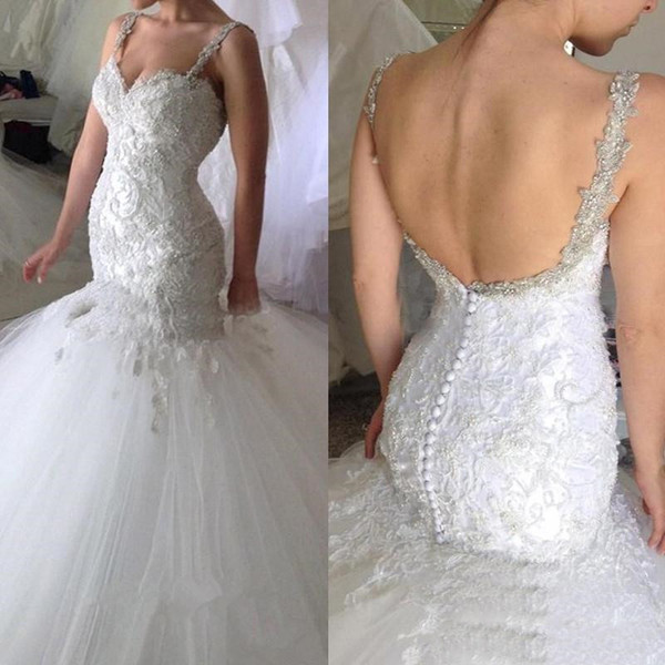 Mermaid Wedding Dresses Spaghetti Straps Lace Appliques Court Train Plus Size Backless Plus Size Bridal Gown