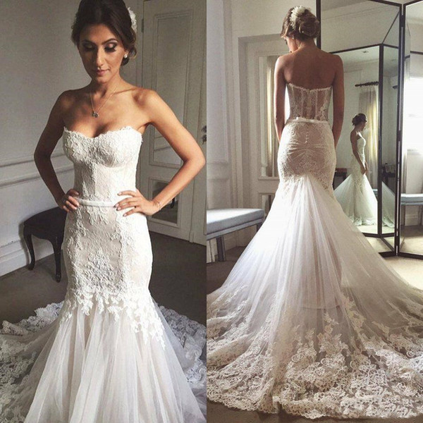 Sleeveless Mermaid Wedding Dress Sash Bowknot Strapless Backless Custom Made Appliques Chapel Train Wedding Bridal Gowns Dress