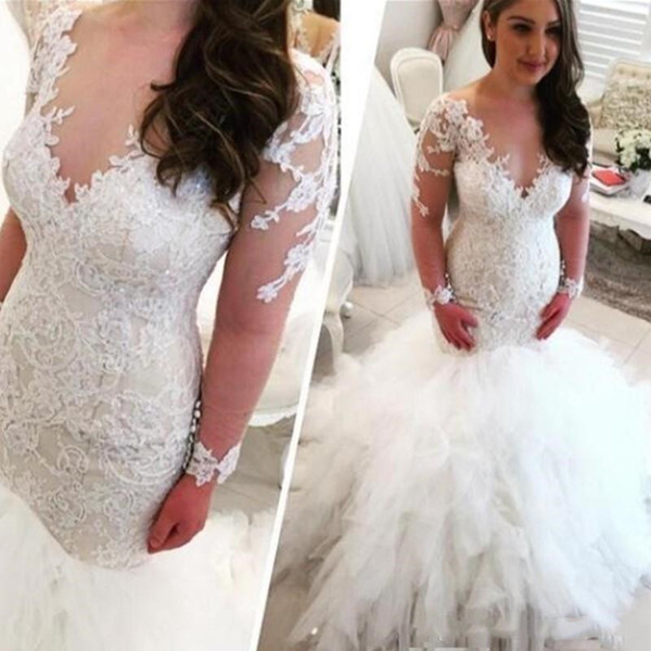 Sexy Mermaid Wedding Dresses V Neck Long Illusion Sleeves Ruffles Floor Length Ruffles Garden Wedding Bridal Gowns Custom Made