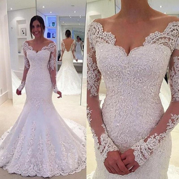 New Modern Mermaid Wedding Dresses Long Sleeves V Neck White Ivory Lace Appliques Beaded Court Train Sheer Back Custom Bridal Gowns